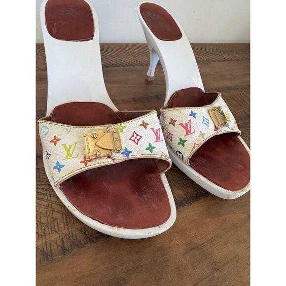 Louis Vuitton Y2K Murakami White Multicolor LV Buckle Mule Sandals Heels EU 40 - Picture 4 of 15